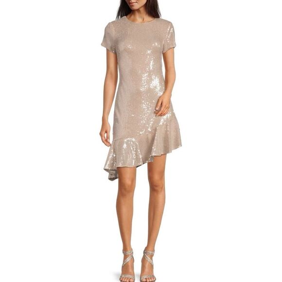 ELIZA J Asymmetrical Ruffle Hem Sequin Dress Size 8 - Picture 1 of 10